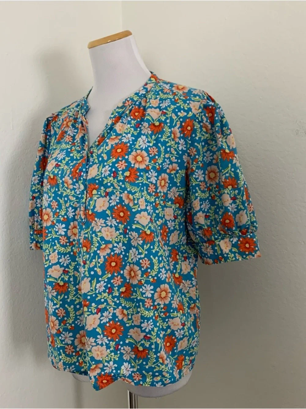 Loft Outlet Floral Puff Sleeve Top Womens M V Neck Button Popover Cotton